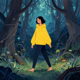 illustration of a woman in a yellow hooded sweatshirt walking through a tangled forest in the astral plane. art by gaston bussiere.