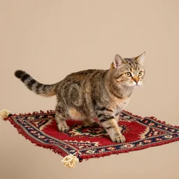 cat riding a flying carpet