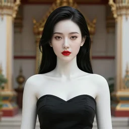 complex 3 d render, ultra detailed, realistic photo of a beautiful porcelain skin woman, oval shape face, black long hair, wearing black dress, detailed almond eyes shape, red lipstick, plump lips, beautiful, studio photo, proportional, the grand sala thai on the background