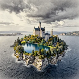 a beautiful island, with a lake and a castle on it flying over the ocean, doodle, pencil art, ultra - wide angle