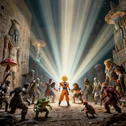 an 8 k hi res well lit dynamic ray tracing volumetric lighting god rays 8 0 mm photo of hieroglyphics of zardoz and goku monsters and goblins and ragamuffins and orcs and jim henson and hercules greek and roman mythology john snow game of thrones dragon psychedelic mushroom acid toad frog hog rat armor marvel iceland vikings king arthur maul horror zombie battle scene