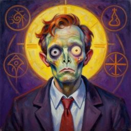 portrait of zombie robin williams by mandy jurgens, cartoon, oil painting, visionary art, symmetric, magick symbols, holy halo, dramatic ambient lighting, high detail, vibrant colors,
