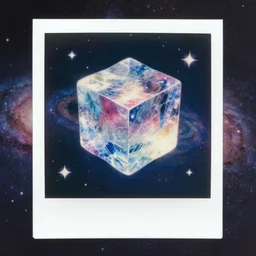 a tridimensional colourful giant ice cube floating in the universe, galaxies and stars at the background, polaroid photo style, retro effect, high details, one ice cube in the picture