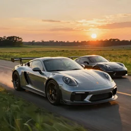 cinematic fast sportscar reminiscent of toyota and porsche in a lush field, shiny, oil on canvas, beautiful lighting, photorealistic, sharp, sunset, by scott robertson
