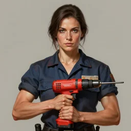 epic portrait a slightly muscular woman wearing short sleeved uniform and carrying a red powertool, drill centred, detailed, centered, digital painting, artstation, concept art, donato giancola, Joseph Christian Leyendecker, WLOP, Boris Vallejo, Breathtaking, 8k resolution, extremely detailed, beautiful, establishing shot, artistic, hyperrealistic, beautiful face, octane render