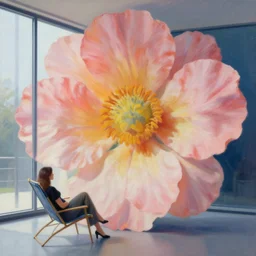 closeup, huge flower face, woman sitting on lounge chair by a modern window, surreal photography, studio light, impressionist painting, digital painting, artstation, simon stalenhag