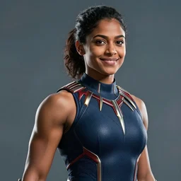 young indian woman black panther, strong, muscular, smiling, digital portrait by greg rutkowski, intricate, soft focus, highly detailed, cinematic, epic, artstation