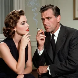 a bitter handsome 1 9 5 0 s detective smokes a cigarette as be questions a beautiful glamorous client. office. smoke. film noir. b & w. black and white. 1 0 0 mm lens. depth of field.
