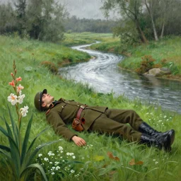 breathtaking detailed soft painting of silver sun river in a green clearing, a young soldier laying down with blood holes in his side, light raining on gladioli and watercress, rembrandt style, elegant, highly detailed, artstation, concept art, matte, sharp focus, art by tom bagshaw, and greg rutkowski