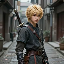 A young blonde haired boy wearing thief clothes with daggers in an alleyway, epic fantasy, octane render, high detail, photorealistic, High details,4k, anime style