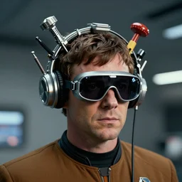 geordi la forge on the starship enterprise wearing googie visor and hardware tools on his head, single image