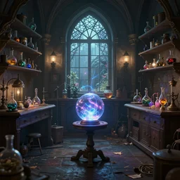 interior shot of a cluttered wizard laboratory with ball of energy. inspired by alchemy and victorian laboratory. shelves with magical experiments, spell ingredients, and potions. a desk with a beautiful view out a window. created in octane render. digital art. inspired by artstation. fantasy setting