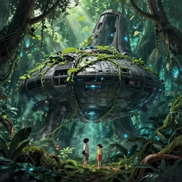 a matte painting of a huge abandoned alien spaceship overgrown with vines deep in the jungle. mysterious glow emits from the inside of the spaceship. concept art by hayao miyazaki and stephan martiniere, volumetric lighting, god rays. bioluminescent, sence of awe, megalophobia. trending on artstation.