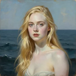 Painting of Elle Fanning lost at sea, long blonde hair, delicate, pale milky white porcelain skin, by Edward Hopper. 8K. Extremely detailed.