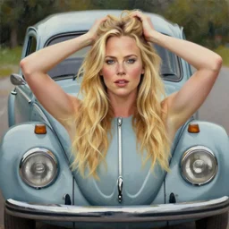 beautiful beautiful beautiful yeah q charlize theron with long blonde hair locks holds over its head on its two hands old volkswagen beetle, oil on canvas, naturalism