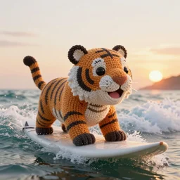 a closeup photorealistic photograph of a happy knitted tiger hippopotamus riding a large wave during sunset. surf in the background. professional capture. brightly lit scene. this 4 k hd image is trending on artstation, featured on behance, well - rendered, extra crisp, features intricate detail, epic composition and the style of unreal engine.