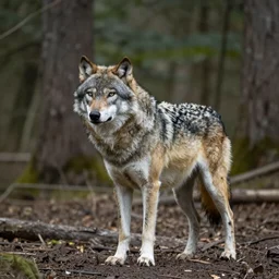 a wolf standing alone in the woods
