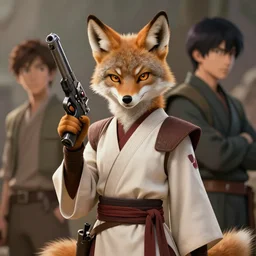 beautiful portrait of a female anthropomorphic coyote fursona wearing jedi robes wielding a blaster pistol. character design by charlie bowater, ross tran, artgerm, and makoto shinkai, detailed, soft lighting, rendered in octane