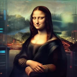 a futuristic still of cyberpunk monalisa in a cyberpunk city, 8k, trending on artstation, highly detailed, cyberpunk monalisa cyberpunk monalisa, 8k details