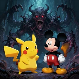 pikachu and mickey mouse fusing into an eldritch monster, horrifying, dark, twisted, dont watch after 3 am