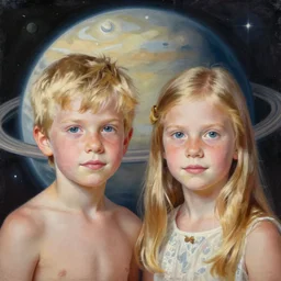 fraternal twins, blond boy and blonde girl, mercury planet imagery, digital oil painting by artgerm, greg rutkowski, mucha, portrait | art nouveau. d & d. ornate intricate detail, complimentary earth tones. sharp edges. clear detailed. 8 k. elegance
