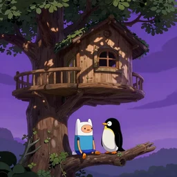a realistic photograph of Beemo from adventure time playing with a penguin, photorealistic, photograph, in a treehouse purple sky