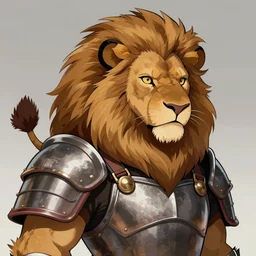 portrait of a lion man wearing armor, detailed fur, mane tied into ponytail, fursona, furry art, anime art style