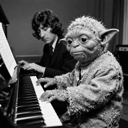 Yoda playing piano John Lennon imagine 1960s black and white archive photograph