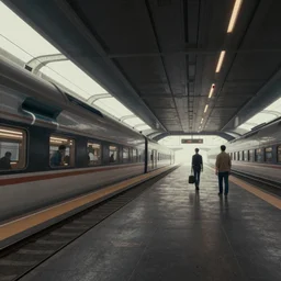 futuristic train station by greg rutkowski and ruan jia, washed colors, dark, moody, gloomy, foggy,