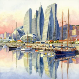 a beautiful insanely intricate watercolor illustration of modern port, reflexions, colorfull, by william turner art, by greg rutkowski, by james jean, by rossdraws, by frank franzzeta, by sakimichan, by edmund dulac, trending on artstation, insanely detailed, masterpiece,