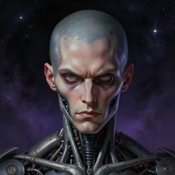 surreal portrait of a man by Greg Rutkowski and H.R Giger, symmetrical face, biomechanical transhuman god, disturbing, terrifying but fascinating, with a determined and sinister expression on his face, cosmic void background, frightening, fascinating, highly detailed portrait, digital painting, book cover, artstation, concept art, smooth, sharp foccus ilustration, Artstation HQ