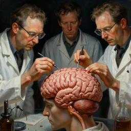 close - up view of a mad scientist experimenting on his own brain, highly detailed science fiction painting by norman rockwell, tim jacobus, and basil gogos. detailed texture, rich colors, high contrast, gloomy atmosphere, dark background. trending on artstation