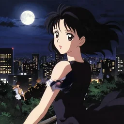 anime visual, dark portrait of an elegant girl sightseeing above the city at night in the park, moon, cute face by yoh yoshinari, katsura masakazu, dynamic pose, dynamic perspective, ilya kuvshinov, strong silhouette, anime cels, 1 8 mm, rounded eyes, realistic proportions, dramatic, detailed facial features