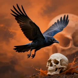 indigo raven in flight with one skull in the background with a splash of deep orange greg rutkowski