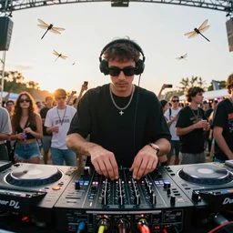 A hd photo of a Dj playing his mixer in a rave with a lot of dragonflies around