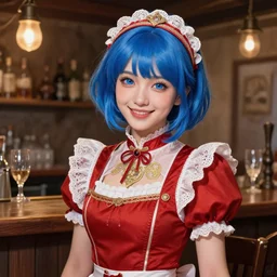 a smiling happy beautiful barmaid with short blue hair wearing a red dress in a rustic saloon, beautiful blue eyes, fantasy, intricate and very beautiful and elegant, highly detailed, digital painting, artstation, concept art, smooth and sharp focus, illustration, art by tan zi and artgerm and alphonse mucha and peter mohrbacher