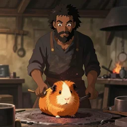 a full body portrait of the short and fiery blacksmith Guinea pig with a beard at her forge, blacksmith's outfit, inside building, makoto shinkai, james gilleard, very detailed, matte, gaussian blur, tone mapped, Akihiko Yoshida.
