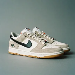 a studio photoshoot of Nike sneakers designed by Virgil Abloh, leather and suede, Off-White, realistic, color film photography by Tlyer Mitchell, 35 mm, graflex