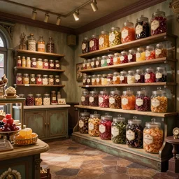 Inside an old fashioned sweet shop, large sweet jars on shelves, beautiful brand labels, fantasy vendor interior, wide angle, cinematic, highly detailed, cinematic lighting , photorealistic, blender, trending on cgsociety, trending on artstation