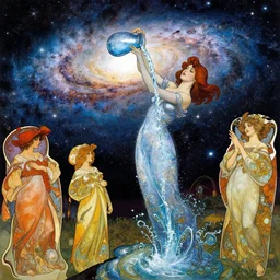 a woman in a dress made of outer space pouring water from a vase into the milky way, by joe madura, by art adams, by alphonse mucha, battle chasers.