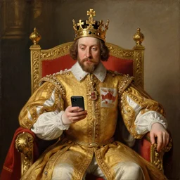 1 7 0 0 s painting royal portrait of the king of england checking his twitter feed on his cellphone while sitting on his throne gold crown