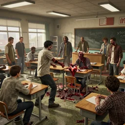 highly detailed modern high school classroom with attacking zombies in gta v, horrible bloody flesh, stephen bliss, unreal engine, fantasy art by greg rutkowski, loish, rhads, ferdinand knab, makoto shinkai and lois van baarle, ilya kuvshinov, rossdraws, tom bagshaw, global illumination, detailed and intricate environment
