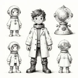 pen and ink and pencil sketch character concept design game asset of sketches watercolor of a boy scientist wearing a home made science fiction retro space suit by Stanley Artgerm Lau, WLOP, Rossdraws, James Jean, Andrei Riabovitchev, Marc Simonetti, and Sakimichan, tranding on artstation , assets, character design, tending on pinterest, trending on cgtalk, trending on concept art, trending on character design