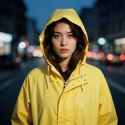 detailed and realistic portrait photography of a woman wearing a yellow raincoat with hoodie. Cinematic. City lights in the background. Lens flare. Portra 800 film. Helios 44m