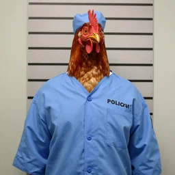 chicken dressed with inmate clothes, mugshot in a police station