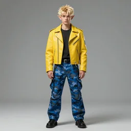 elven male, shaggy blonde hair. Wearing modern yellow leather jacket and blue camo pants. Modern, concept art