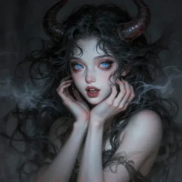 portrait of demon girl, dreamy and ethereal, expressive pose, big blue eyes, exciting expression, fantasy, intricate, elegant, dark and moody smoke, highly detailed, digital painting, artstation, concept art, smooth, sharp focus, illustration, art by artgerm and greg rutkowski and ( alphonse mucha )