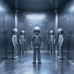 metallic room with low blue lights illuminating, one stick figure in middle of room, 4 k realistic hd