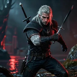 geralt of rivia action shot from the witcher 3, hyper realistic, cinimatic, epic shot, movie still, 8 k, dramatic shot, dramatic lighting, vibrant, shadows, reflections, depth of field