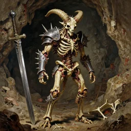 A spiky horned skeleton with armored joints stands in a large cave with a huge weapon. Extremely high detail, realistic, fantasy art, solo, masterpiece, saturated colors, bones, ripped flesh, art by Zdzisław Beksiński, Arthur Rackham, Dariusz Zawadzki
